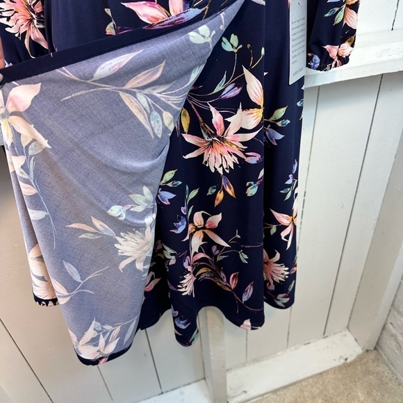 NWT NEW Eliza J Women’s Dress Size 2 Navy Floral Pattern Faux Wrap 3/4 Sleeves - Picture 10 of 15